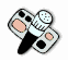 Six cartoon-style icons arranged in two : makeup items, a handbag, lipstick, and clothing pieces on white background