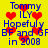 Yellow background with blue text reading "Tommy ILY Hopefully BF and GFBF and GF in 2008" surrounded by red pixelated hearts.
