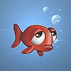 Pixelated red fish with large white eyes and black pupils floats against light blue background with translucent bubbles.