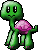 Green pixelated turtle-like creature with pink shell, four legs, and a smiling expression in three distinct poses.