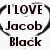 A pixelated static image shows dark brown text reading "I LOVE Jacob Black" inside a black curved line forming an incomplete circle on white background.