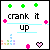 Pixelated graphic with text 'crank it up' flanked by cyan lines, surrounded by green and pink crosses on white background.