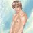 Pixelated image of a shirtless person with light brown hair against a blue and white background, next to purple text reading "I'M HOOKED ON YOU" on a solid light blue field.