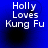 Blue background with white text reading "Holly Loves Kung Fu" and a black circular blur that shifts position across frames.