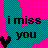 Pixelated icon with cyan and magenta checkerboard background, black text reading 'i miss you', and a small black heart symbol.