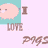 Pixelated image with four quadrants: top-left shows pink pig and text "I LOVE PIGS", top-right is green piggy bank with "A LOT", bottom-left has pink pig surrounded by "Oink" text, bottom-right is empty gray space.