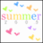 Animated icon with colorful butterflies and the word 'summer' in rainbow letters, surrounded by pink text phrases on a white background.