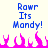 Blue pixelated text "Rowr Its Mandy!" appears above pink flame shapes on a light background.