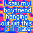 Pixelated animated contact sheet showing three frames of a text-based buddy icon with blue and yellow text on a multicolored background, displaying the phrase "i saw my boyfriend hanging out wit this girl i hate" in varying color schemes across frames.