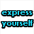 A digital image with text 'express yourself' in blue pixelated font over a white background, transitioning to a colorful abstract sunflower design.
