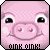 Pixelated pink pig face with large black eyes, two small nostrils, and a curved smile; text "OINK OINK!" at bottom in pixel font.