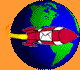 A red and white rocket with a yellow flame flies past a blue-green Earth globe on an orange background.