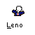 Animated pixel art of a character in a blue suit with red accents, performing sequential movements including arm raises and a red trail effect, labeled 'Leno' beneath each frame.