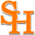 Pixelated orange monogram with stylized 'S' and 'H' letters, gray drop shadows, and white background.