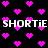 Black background with scattered pink pixelated hearts and two lines of white pixelated text reading "SHORTIE SHORTIE" in a retro digital style.