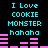 Pixelated cyan text "I Love COOKIE MONSTER hahaha" appears above pink horizontal bars on a black background, with two identical frames showing different bar patterns.