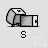 Pixelated cartoon character with rounded body and small legs, standing next to a rectangular portal with a door, under a light gray background with 'S' text below.