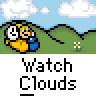 Animated contact sheet of a pixel art buddy icon showing repeated frames with a yellow stick figure running across green hills under blue sky, each frame labeled "Watch Clouds" below the animation sequence.