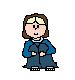 Pixelated cartoon character with brown hair and light green headband, wearing blue jacket over dark blue dress, standing against gray background.