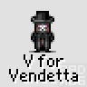 Animated contact sheet of a pixel art character from V for Vendetta with changing facial features and red checkmark/cross symbols across 17 frames.