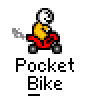 Animated contact sheet showing 17 frames of a pixel art buddy icon sequence featuring a yellow stick figure riding red vehicles with text changes across frames.
