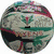 A circular icon with a pixelated globe design featuring green and red accents, a stylized green bird, and a black rectangular shape on the globe's surface.