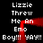 Pixelated text repeats across a black background with red glowing lines forming a frame-like structure, displaying phrases like 'Lizzie Threw Me An Emo Boy!!! YAY!!!'