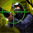Animated sequence of a masked figure in dark clothing holding a rifle, viewed through a green crosshair reticle against a yellow background.
