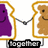 Three cartoon figures in toast-shaped frames holding hands, with text labels below each frame.