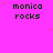 A static image with a bright pink background featuring repeated text "monica rocks" in dark green pixelated font, scattered small pink stars, and a solid gray rectangle at the bottom right.