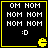 Black background with yellow border, white text 'OM NOM' repeated three times and ':D', yellow Pac-Man icon in bottom-right corner. Yellow outline shifts slightly between frames.