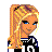 Pixel art buddy icon featuring a blonde woman in sports attire with basketball-themed elements and text below the image.