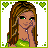 Pixel art contact sheet of a female character in green dress with heart border, showing facial expression changes across six frames and two text panels.
