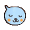 Pixelated light blue cartoon head with closed eyes, orange cheeks, and a small dark brown nose on gray background.