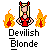 Pixel art of a blonde woman with red horns and a red dress, flanked by orange-yellow flames, with text below reading 'Devilish Blonde' in white pixelated font.