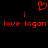 Red pixel art displays a heart symbol above two vertical 'i' letters, with "love logan" text repeated below each letter on black background.