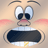 Pixelated cartoon face with wide eyes, raised eyebrows, and an open mouth showing a dark interior, set against a gradient background with pink clouds.