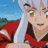Pixelated anime-style character with light skin, brown eyes, and dark hair wearing a red top against a blue sky background.