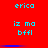 Red background with cyan text 'erica' and 'iz mo bffl', blue horizontal line, repeated in two