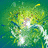Animated green and yellow particle burst with white light trails on teal background, transitioning to multicolored diagonal lines over white base.