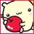 Pixelated cartoon icon of a yellow character with black outlines eating a red apple, featuring closed eyes and pink blush marks on cheeks.