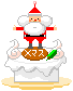 Pixel art Santa Claus on a cake with steam, green leaf, and XMAS text across four animation frames showing arm positions changing from outstretched to raised.