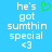 Blue background with white pixelated text reading 'he's got sumthin special <3' and a green pixelated heart symbol above the text.