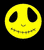 Static yellow smiley face icon with asymmetrical black eyes and a stitched mouth on solid black background.
