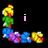 Pixelated L-shaped icon with colorful character segments and changing text over black background.
