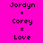 Pixelated text on bright pink background shows 'Jordyn + Corey = Love' with yellow highlight changes across frames.