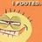 Pixelated cartoon face with green skin, thick black eyebrows, and a wide grin on an orange background.