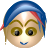 Pixelated cartoon face with blue hair, red streak, brown eyebrows, large brown eyes, and a small blue mouth on a light gray background.