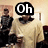 A four- shows a person in a beige sweater holding a cup, with text overlays changing from "Oh" to "Em" to "Gee!"
