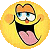 Yellow circular emoji with orange hair, blue eyes, black mouth interior, and pink tongue sticking out; two identical frames show slight eye position variation.